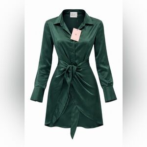 Hello Molly Forest Green Satin Shirt Dress